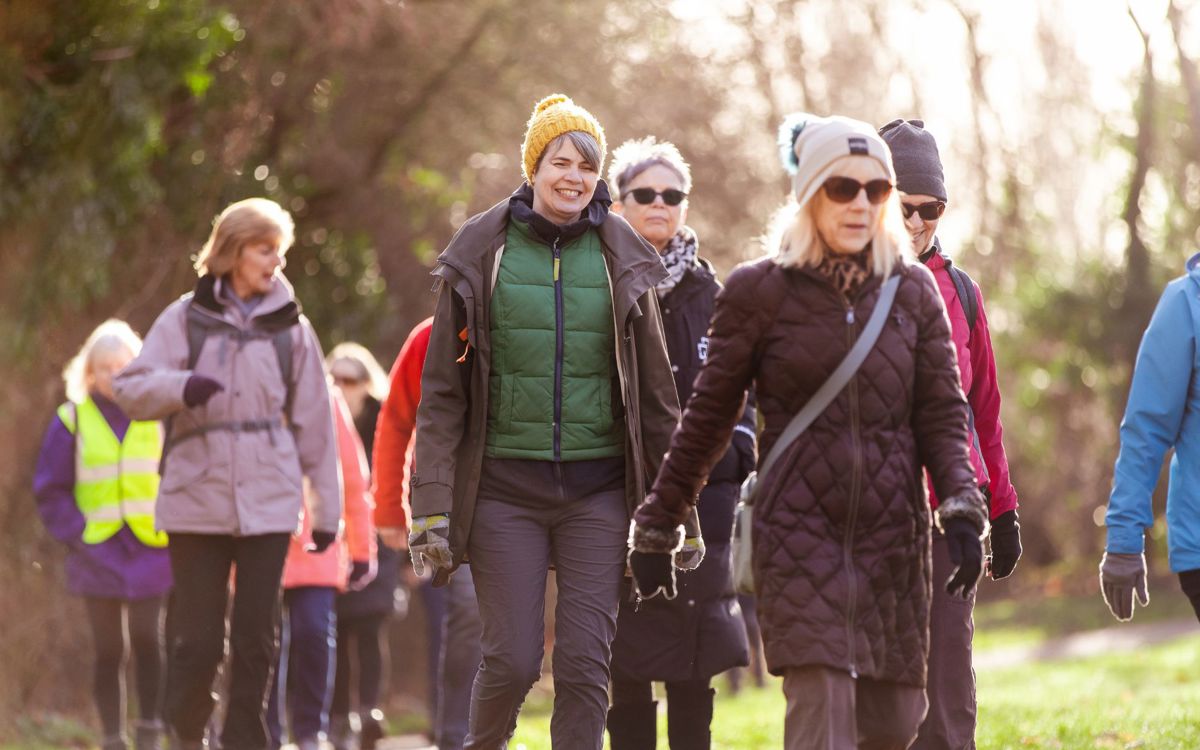 A group of women walking in a parkland scene. 