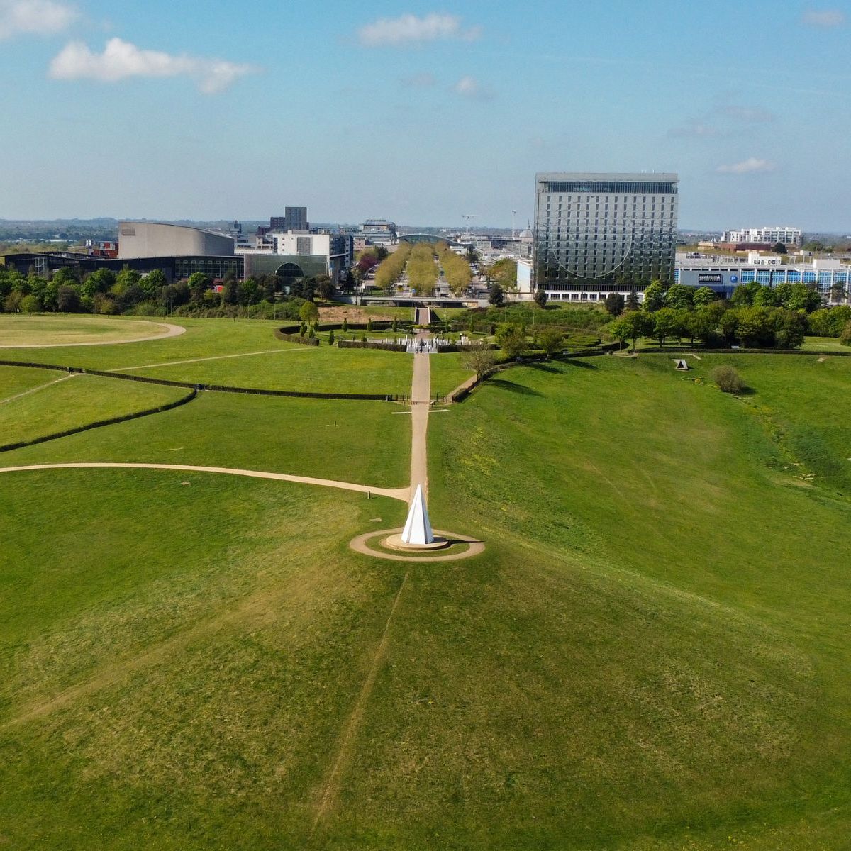 Central Milton Keynes with the Light Pyramid, Xscape, Centre:MK in background