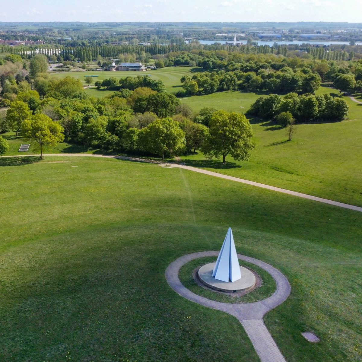 Drone view of Campbell Park with pavilion in background